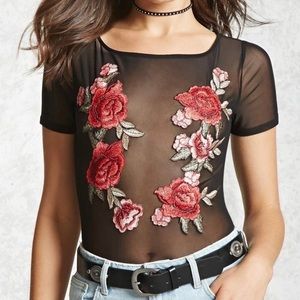 Forever 21 Sheer Mesh Embroidered Floral Bodysuit